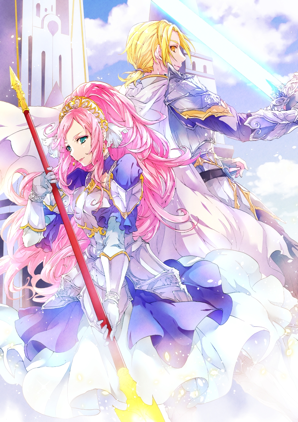 1boy, 1girl, armor, armored_dress, back-to-back, blonde_hair, blue_dress, blue_eyes