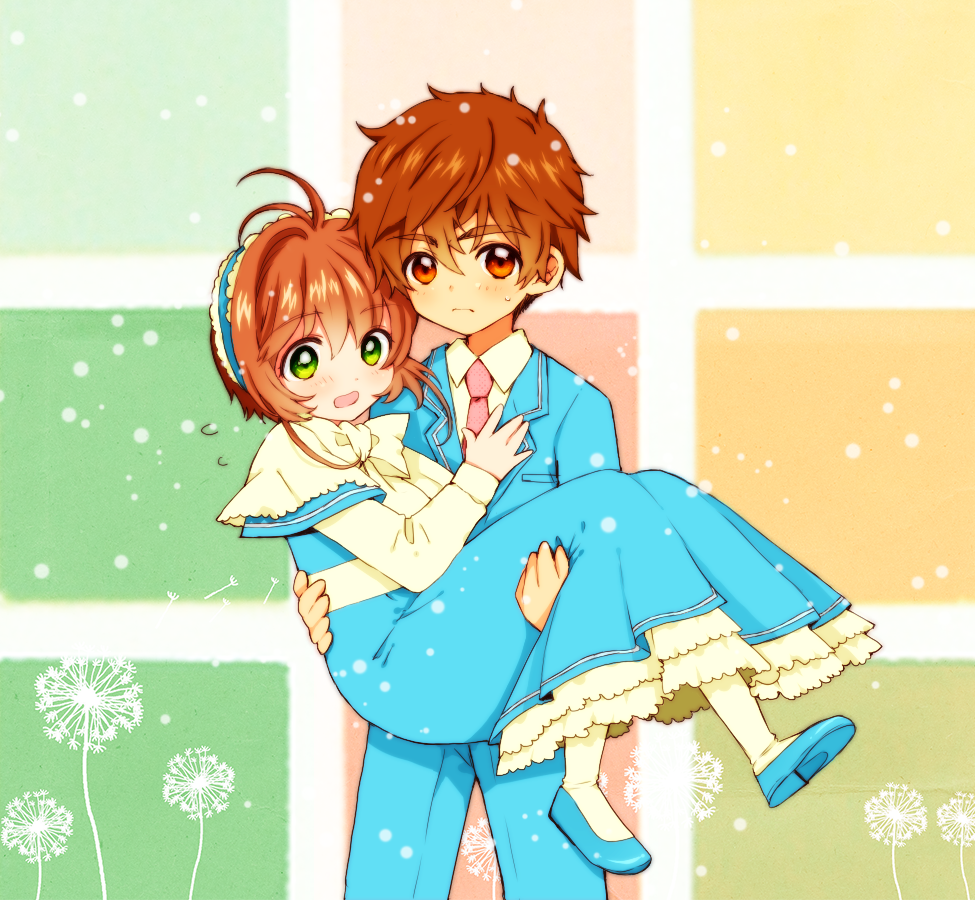 1990s_(style), 1boy, 1girl, brown_eyes, brown_hair, cardcaptor_sakura, carrying, child