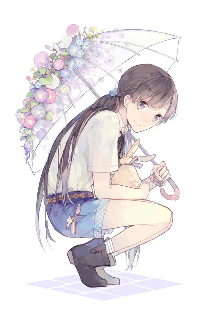 1girl, ankle_boots, bad_id, bad_pixiv_id, black_hair, boots, female_focus, flower