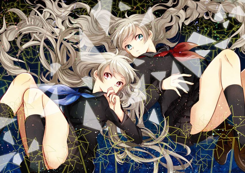 2girls, blue_eyes, broken_glass, glass, hand_on_own_face, kanasuke, kneehighs, light_brown_hair