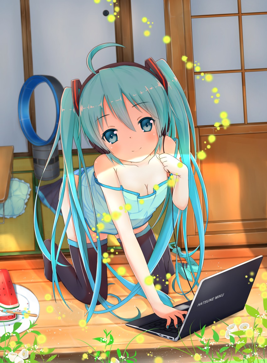 1girl, 53c_(ray_cordova), ahoge, aqua_eyes, aqua_hair, character_name, computer, female_focus, flower, food, fruit, hatsune_miku, headphones, highres, laptop, long_hair, nail_polish, ray-en, rei-en, smile, solo, strap_slip, thighhighs, twintails, very_long_hair, vocaloid, watermelon
