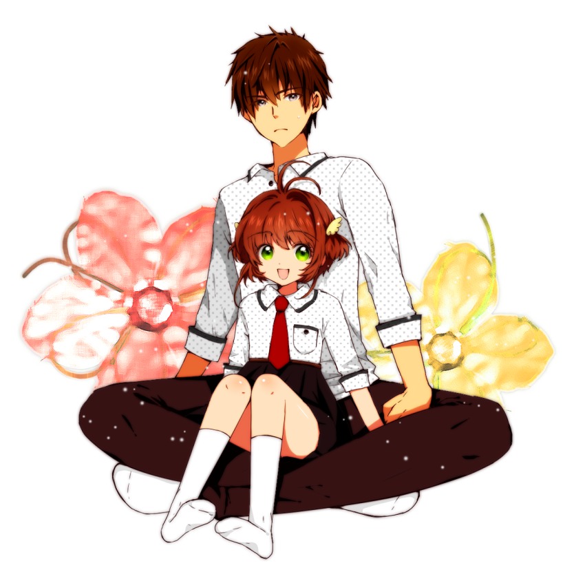 1990s_(style), 1girl, antenna_hair, black_eyes, blouse, brother_and_sister, brown_hair, cardcaptor_sakura