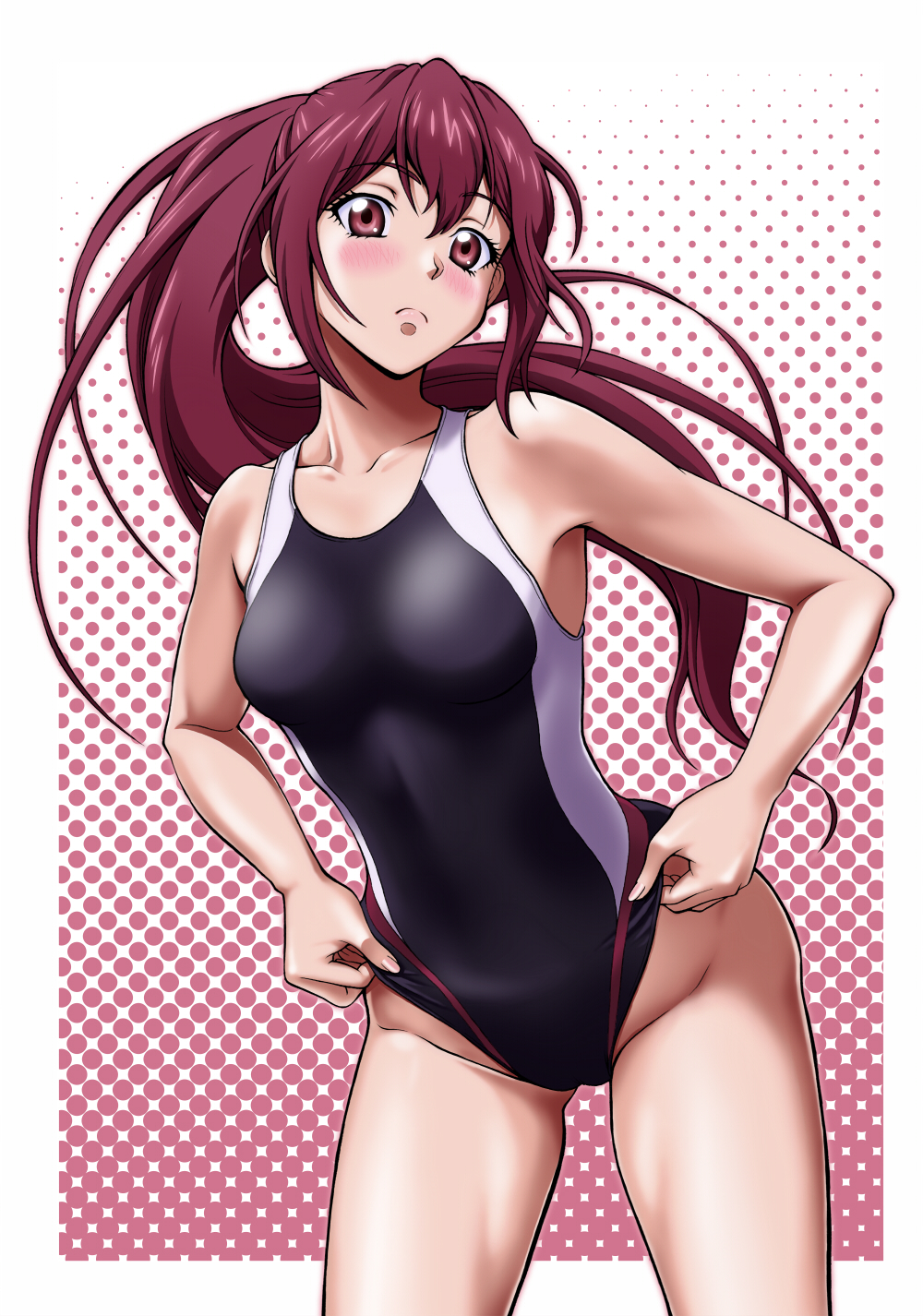 10s, 1girl, adjusting_clothes, adjusting_swimsuit, blush, breasts, competition_swimsuit, female_focus, free!, frown, highleg, highleg_one-piece_swimsuit, highres, kijichuu_masahiro, kijinaka_mahiro, long_hair, matsuoka_gou, one-piece_swimsuit, ponytail, red_eyes, red_hair, solo, swimsuit, wide_hips