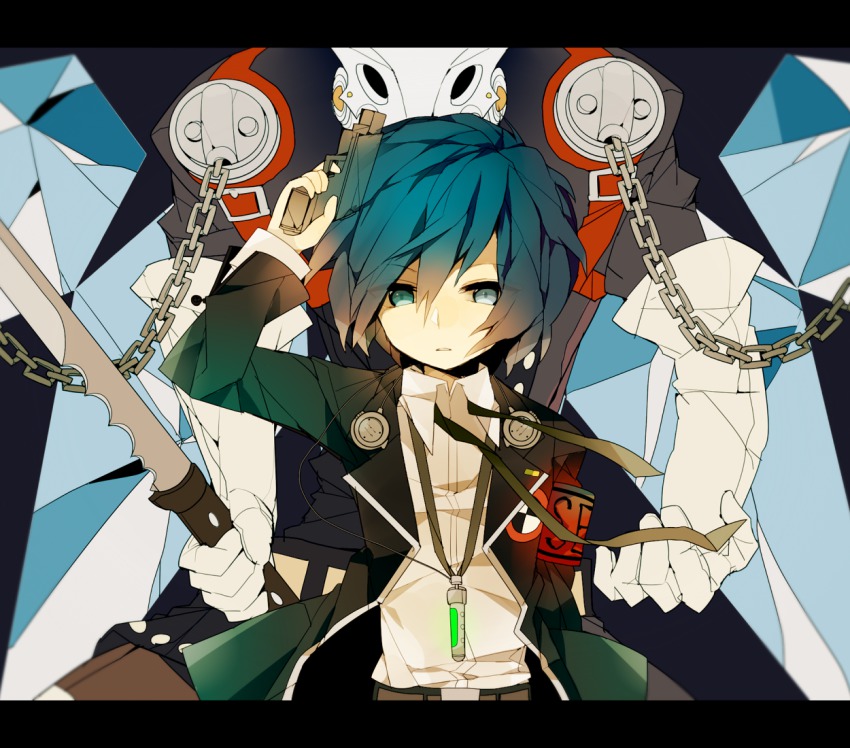1boy, atlus, bad_id, bad_pixiv_id, blue_eyes, blue_hair, chain, mp3_player