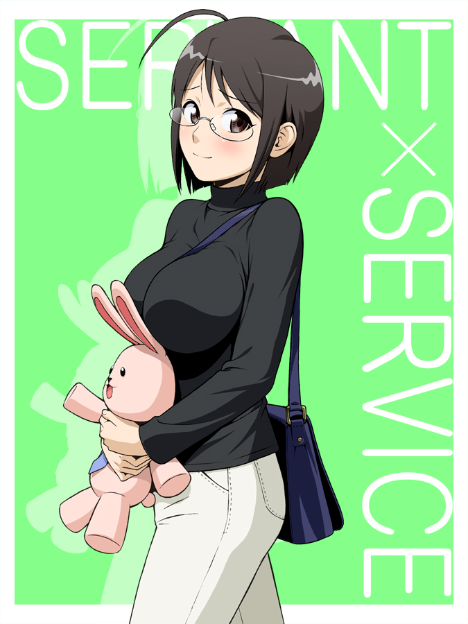 10s, 1girl, ahoge, bag, between_breasts, black_hair, blush, breasts, glasses, handbag, ichikawa_masahiro, large_breasts, looking_at_viewer, momoi_kenzou, servant_x_service, short_hair, smile, strap_between_breasts, stuffed_animal, stuffed_rabbit, stuffed_toy, sweater, yamagami_lucy
