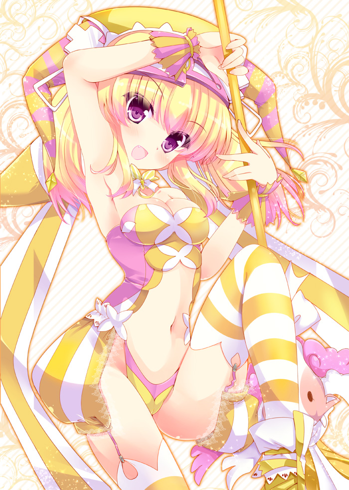 1girl, :d, arm_up, armpits, bare_shoulders, beatmania_iidx, beatmania_iidx_20_tricoro, bemani, blonde_hair, breasts, cleavage, detached_collar, fang, female_focus, fingernails, garter_straps, hat, hinata_momo, ki_no_rapika, leg_lift, long_fingernails, navel, open_mouth, pink_eyes, polearm, smile, solo, striped_clothes, striped_thighhighs, thighhighs, weapon, wrist_cuffs