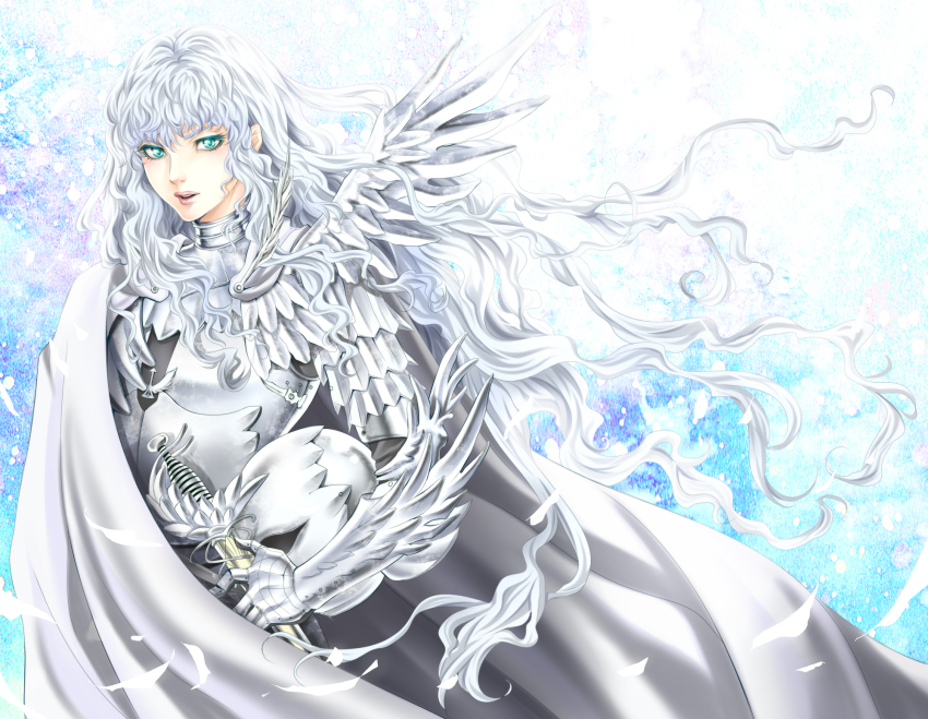 1990s_(style), 1boy, aqua_eyes, armor, bad_id, bad_pixiv_id, berserk, cape, griffith_(berserk), helmet, highres, holding, lips, long_hair, male_focus, silver_hair, solo, sword, tamari_(flawless), very_long_hair, weapon, wings
