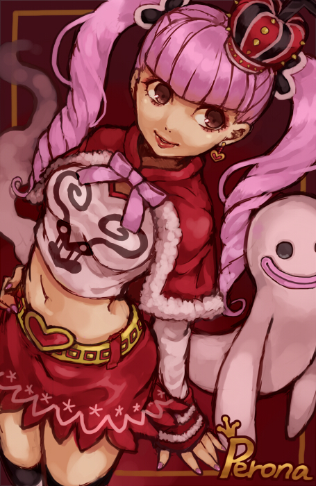 1girl, blunt_bangs, border, capelet, character_name, crown, earrings, female_focus, ghost, heart, jewelry, kusabe_ichii, long_hair, long_sleeves, midriff, navel, one_piece, perona, pink_hair, red_skirt, shirt, short_cape, skirt, smile, solo, twintails