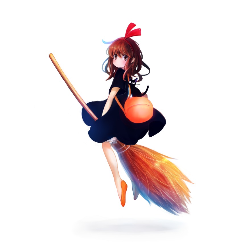 1980s_(style), 1girl, absurdres, black_cat, bloomers, bow, broom, broom_riding