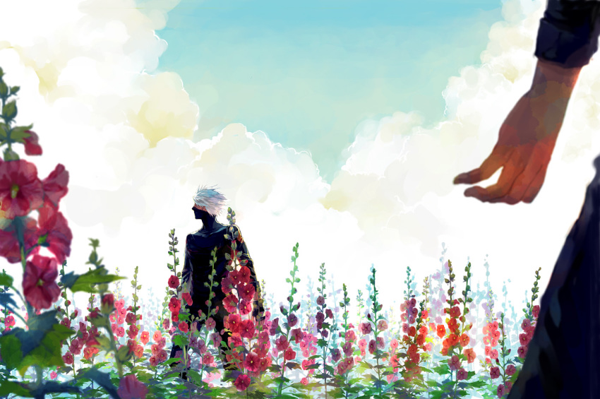 2boys, blue_sky, blurry, cloud, day, depth_of_field, fingerless_gloves, flower, gloves, hatake_kakashi, hollyhock, kakairu, kanoe_(tera), long_sleeves, male_focus, mask, multiple_boys, naruto_(classic), naruto_(series), out_of_frame, pants, plant, profile, scenery, silver_hair, sky, soft_focus, solo_focus, standing, umino_iruka