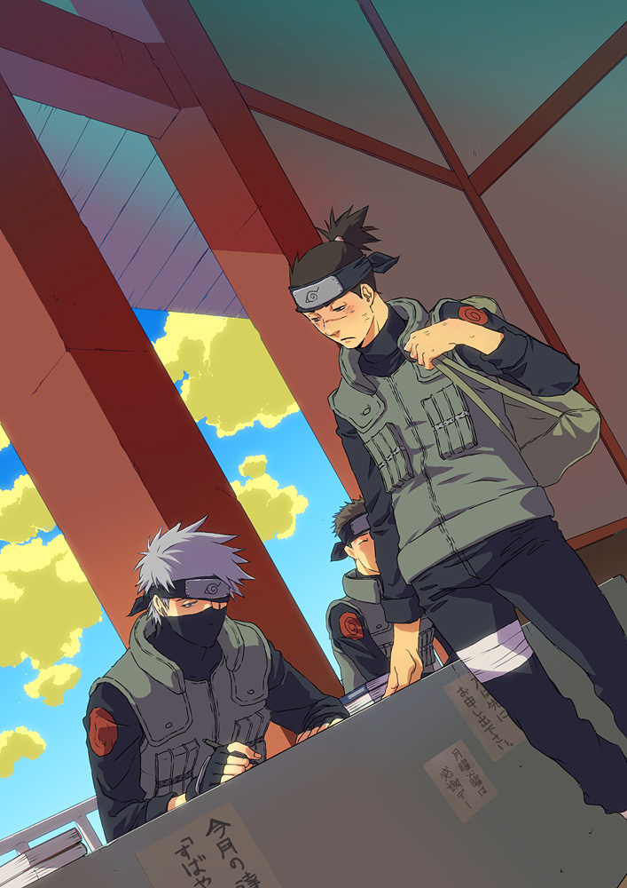 3boys, bag, black_hair, blue_sky, book, brown_hair, cloud, day, desk, duffel_bag, dutch_angle, fingerless_gloves, forehead_protector, gloves, half_mask, hatake_kakashi, interior, kanoe_(tera), konohagakure_symbol, long_sleeves, looking_at_another, looking_down, male_focus, mask, multiple_boys, naruto_(classic), naruto_(series), pants, pen, ponytail, scar, short_hair, short_ponytail, silver_hair, sitting, sky, sleeves_rolled_up, standing, translation_request, turtleneck, umino_iruka, vest, writing