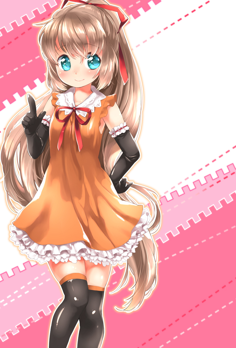 1girl, aqua_eyes, bad_anatomy, bad_id, bad_pixiv_id, black_thighhighs, blue_eyes, brown_hair, dress, elbow_gloves, female_focus, gloves, hair_ribbon, hand_on_own_hip, long_hair, looking_at_viewer, mutou_mato, ponytail, ribbon, shirakane_hiyori, smile, solo, standing, thighhighs, utau, very_long_hair, zettai_ryouiki