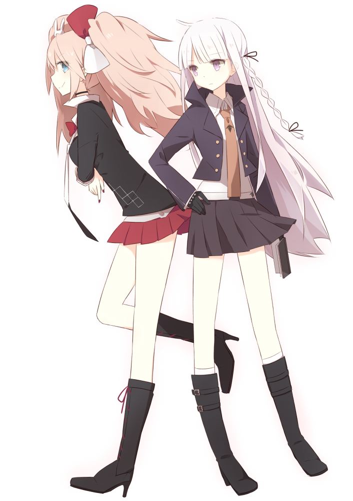 10s, 2girls, blue_eyes, boots, danganronpa:_trigger_happy_havoc, danganronpa_(series), enoshima_junko, gloves, kirigiri_kyoko, long_hair, mondo_pop, multiple_girls, nail_polish, necktie, pink_hair, purple_eyes, purple_hair, sleeves_rolled_up, smile, square-end_necktie, twintails