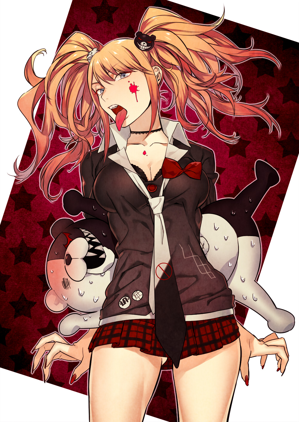 10s, 1girl, bad_id, bad_pixiv_id, blonde_hair, blood, blue_eyes, breasts, cleavage, danganronpa_(series), danganronpa:_trigger_happy_havoc, enoshima_junko, fingernails, hair_ornament, highres, long_fingernails, long_hair, long_tongue, monokuma, nail_polish, open_mouth, rururara, sharp_fingernails, smile, spoilers, tongue, tongue_out, twintails