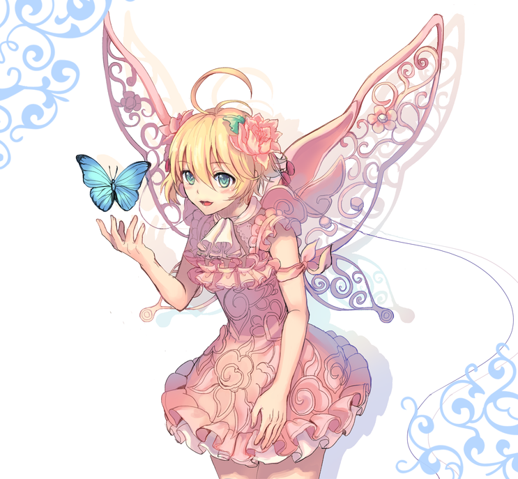 1girl, ahoge, blonde_hair, bug, butterfly, butterfly_wings, fairy, fairy_wings, female_focus, flower, green_eyes, hair_flower, hair_ornament, insect, insect_wings, jyh, original, solo, white_background, wings