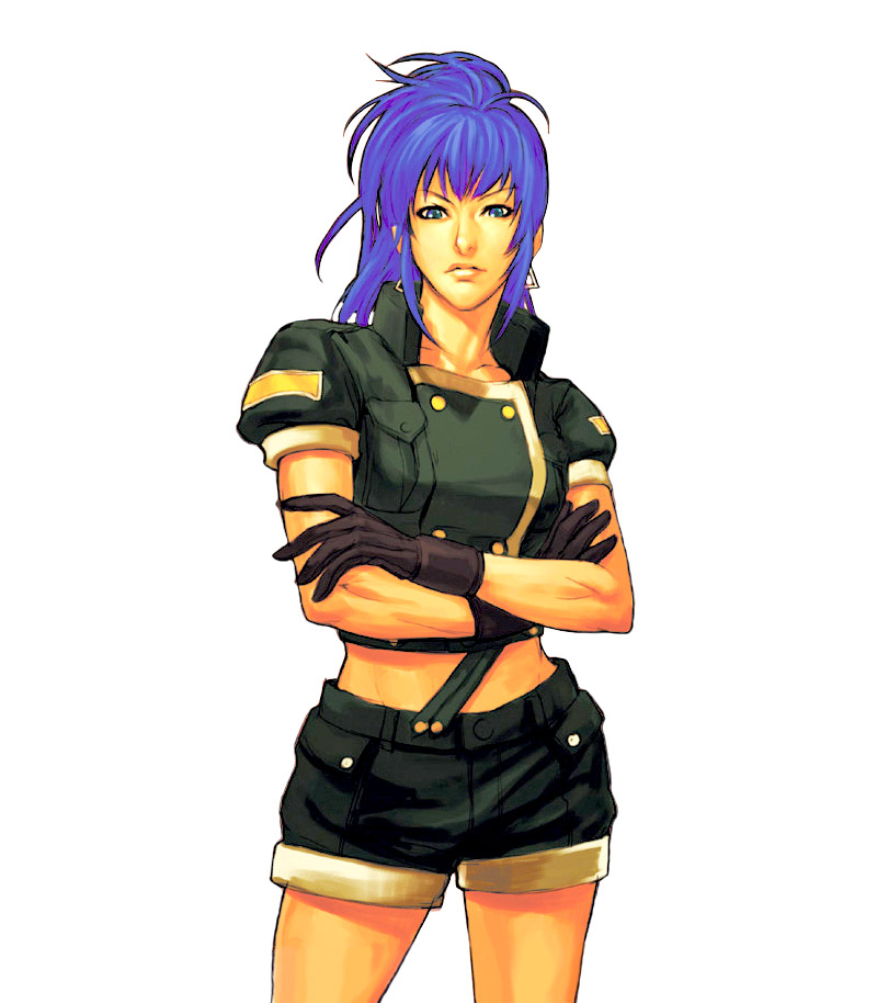 1girl, blue_eyes, blue_hair, breasts, crop_top, crossed_arms, earrings, female_focus, gloves, high_collar, hiroaki_(kof), jewelry, leona_heidern, long_hair, matching_hair/eyes, midriff, official_art, ponytail, shorts, snk, solo, the_king_of_fighters, the_king_of_fighters_ex2
