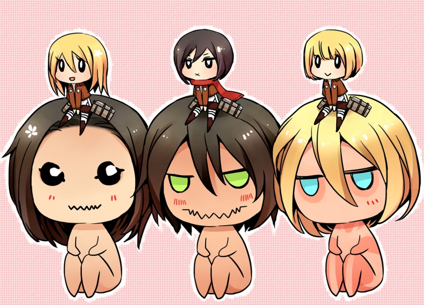 2boys, 4girls, :>, :d, x_mouth, armin_arlert, bad_id, bad_pixiv_id, black_eyes, black_hair, blonde_hair, blue_eyes, blush, boots, brown_hair, chibi, female_titan, giant, green_eyes, jaw_titan, krista_lenz, long_hair, long_sleeves, mikasa_ackerman, military, military_uniform, minimill, multiple_boys, multiple_girls, no_mouth, open_mouth, pannakotta, rogue_titan, scarf, shingeki_no_kyojin, short_hair, sitting, smile, spoilers, thigh_strap, three-dimensional_maneuver_gear, titan_(shingeki_no_kyojin)