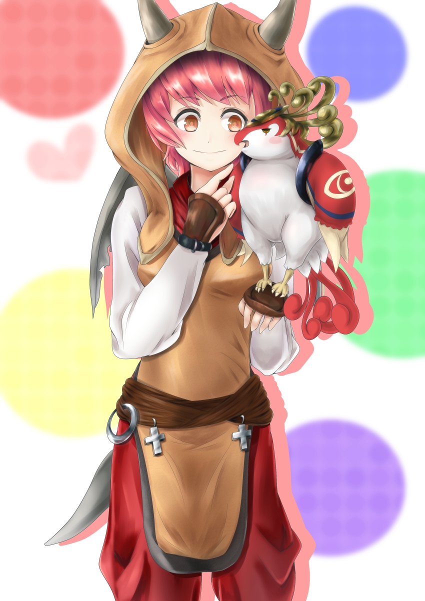 absurdres, bird, brown_eyes, cross, crystal_defenders, highres, hood, horns, horus_(p&amp;d), okeriba, puzzle_&amp;_dragons, ranger_(p&amp;d), red_hair, tail