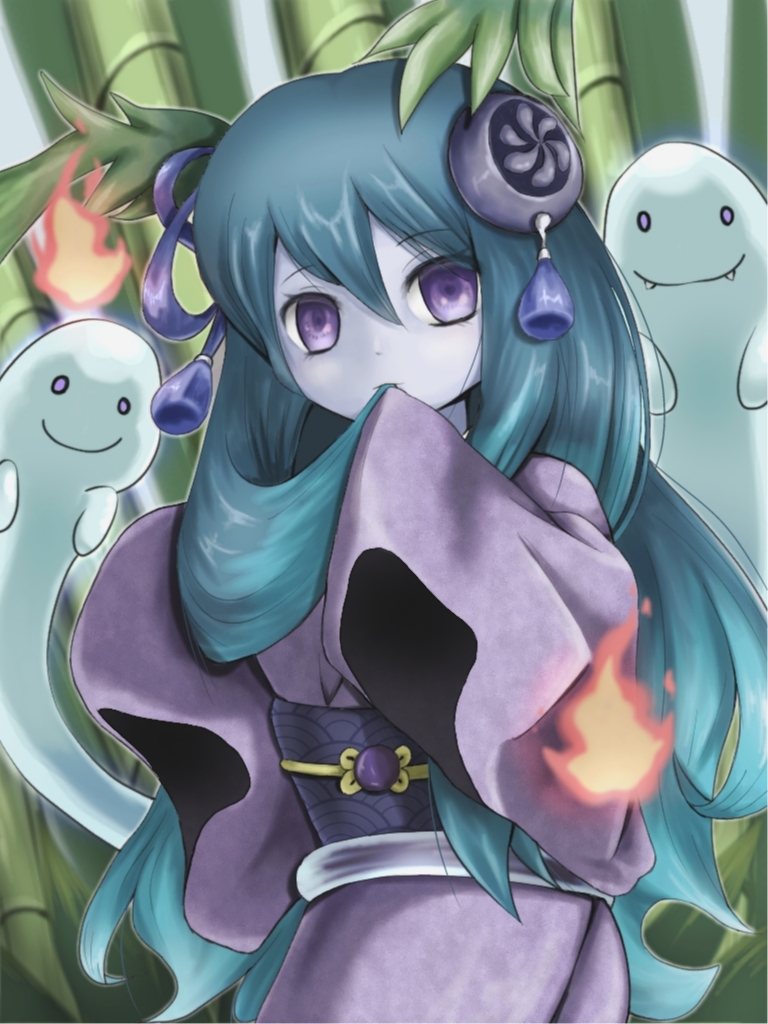 blue_hair, ghost, hair_in_own_mouth, hamahime_(p&amp;d), japanese_clothes, kimono, okeriba, purple_eyes