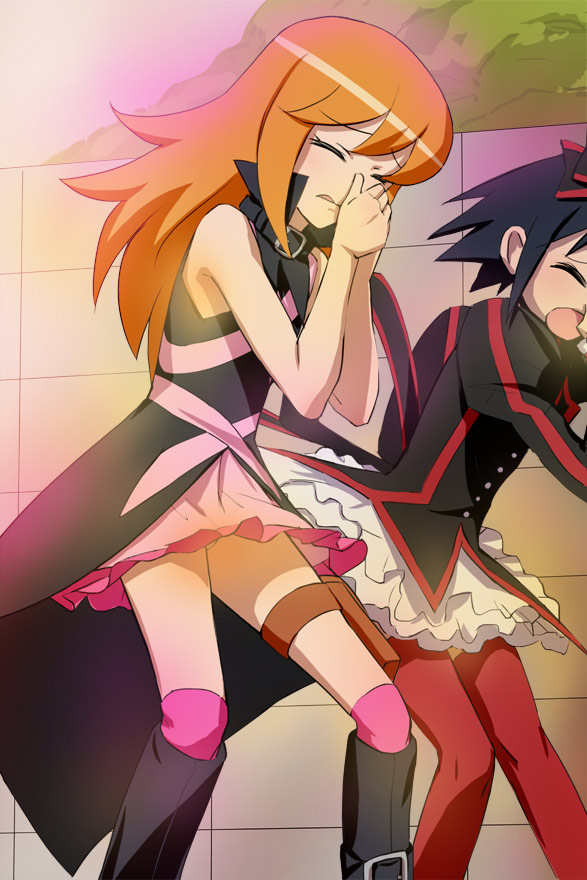 2girls, belt, black_hair, boots, closed_eyes, frilled_skirt, frills, haruyama_kazunori