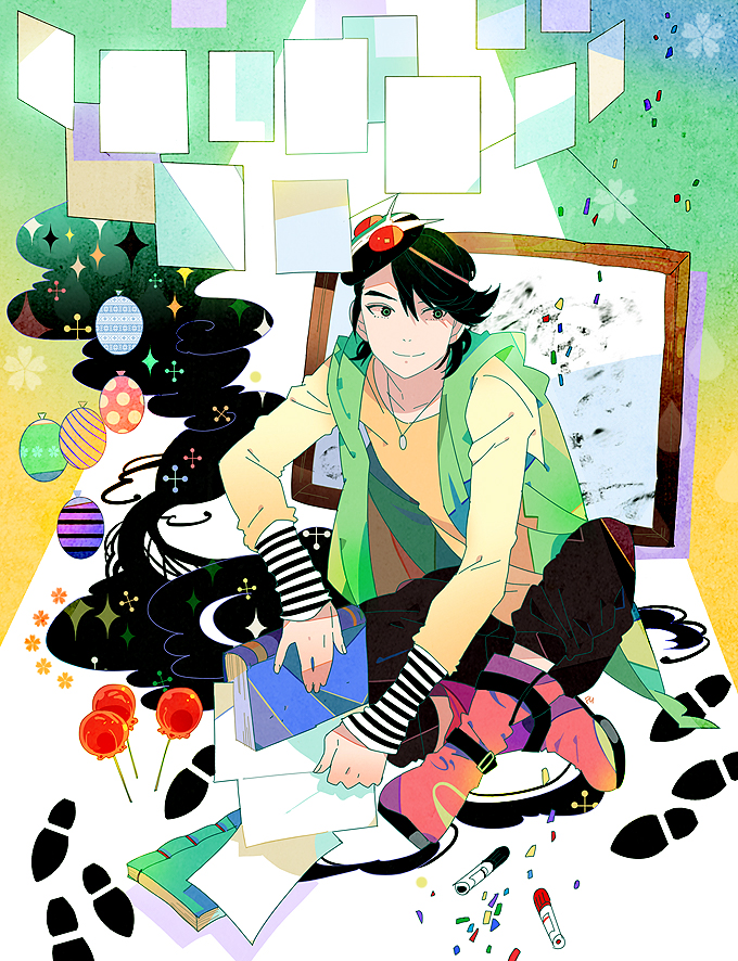 1boy, bad_id, bad_pixiv_id, balloon, black_hair, book, boots, candy_apple
