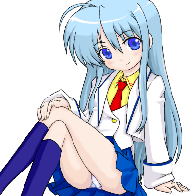 anzelotte, blue_eyes, cosplay, lowres, necktie, night_wizard, panties, pantyshot