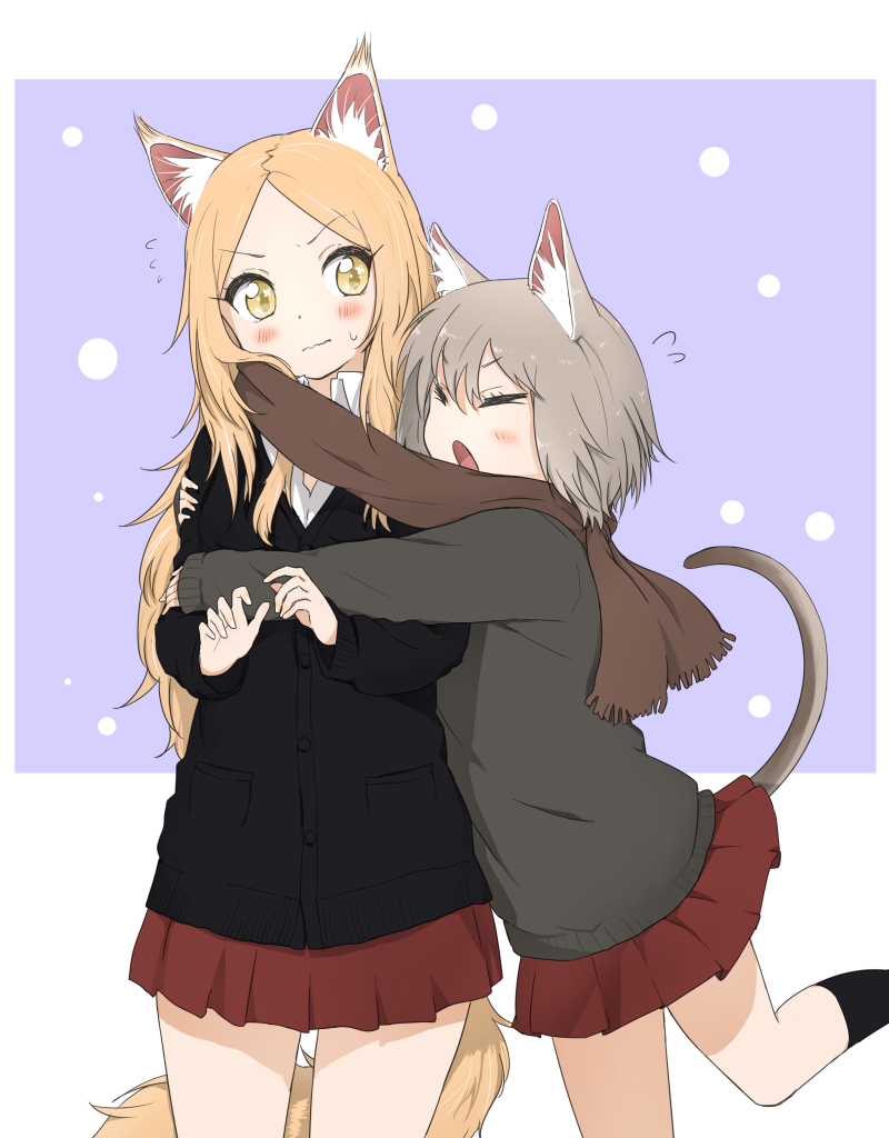 >:o, 2girls, :o, animal_ears, black_socks, blonde_hair, blush, cardigan