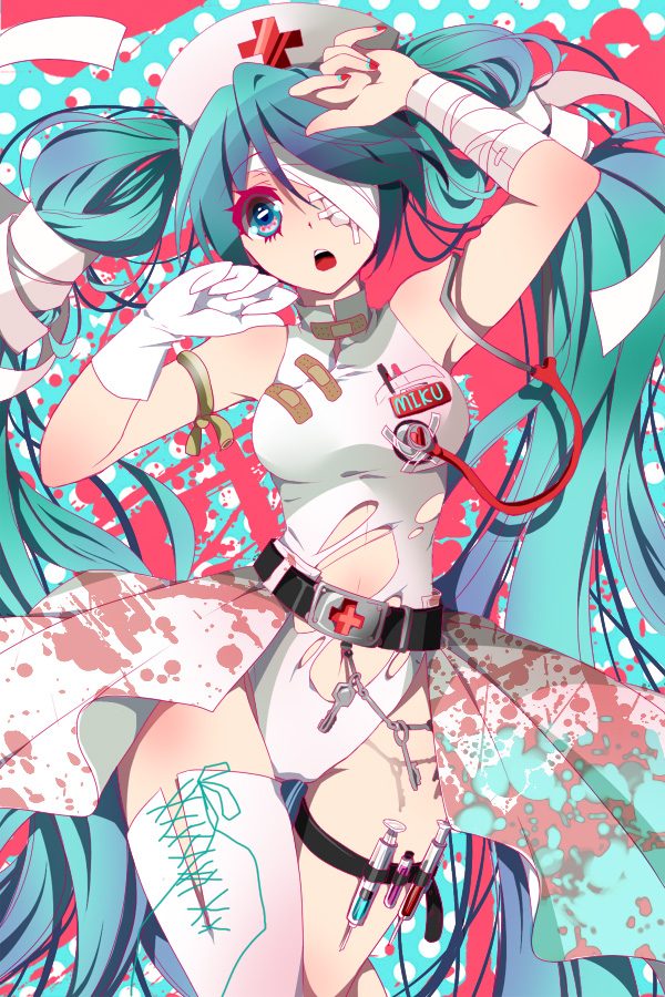 1girl, aqua_eyes, aqua_hair, armpits, arms_up, bandage_over_one_eye, bandaid, belt