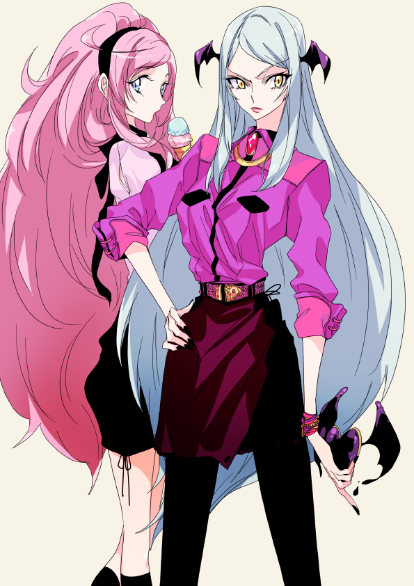 2girls, alternate_costume, apron, bat_wings, belt, blue_eyes, dokidoki!_precure, food