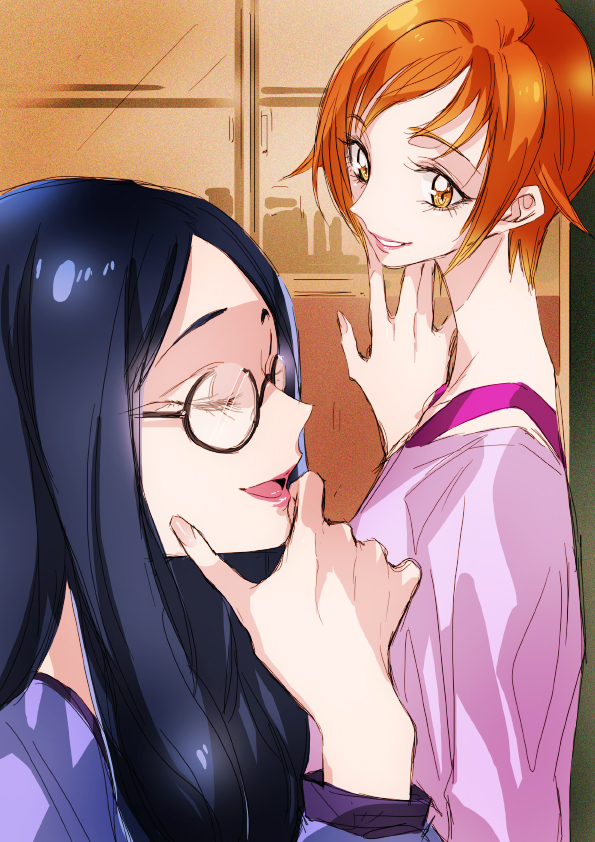 2girls, :d, aida_ayumi, blue_hair, dokidoki!_precure, closed_eyes, hand_on_own_chin, hishikawa_ryoko