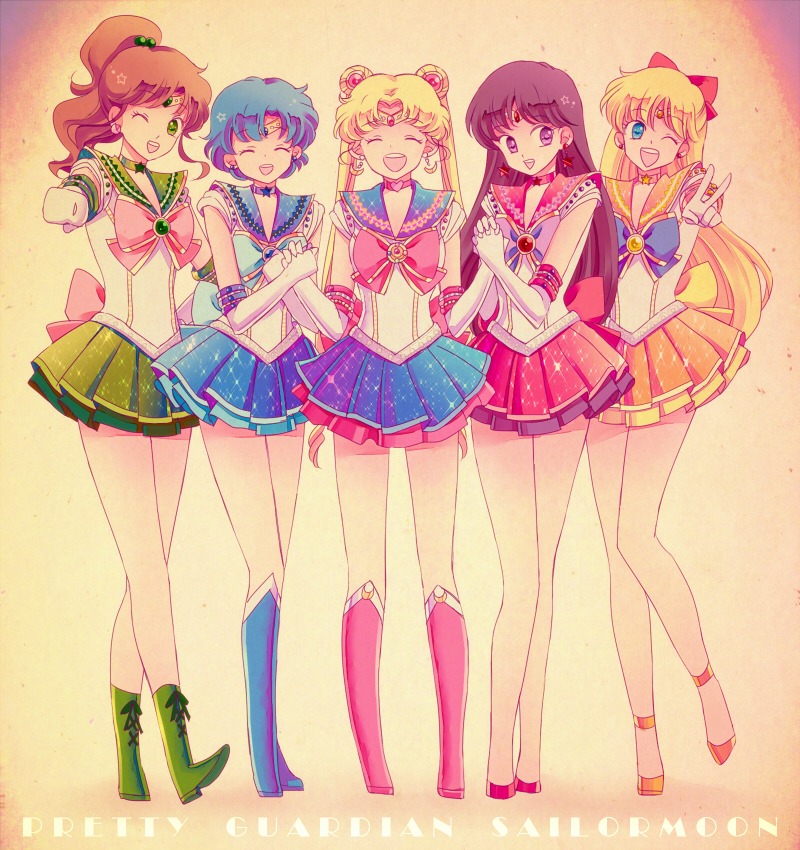 1990s_(style), 5girls, ;d, aino_minako, bad_id, bad_pixiv_id, bishoujo_senshi_sailor_moon, bishoujo_senshi_sailor_moon_(first_season), black_hair, blonde_hair, blue_eyes, blue_footwear, blue_hair, blue_sailor_collar, blue_skirt, boots, bow, brooch, brown_hair, choker, clenched_hand, closed_eyes, copyright_name, double_bun, elbow_gloves, full_body, gloves, gradient_background, green_boots, green_eyes, green_skirt, hair_bobbles, hair_bow, hair_bun, hair_ornament, half_updo, happy, hino_rei, holding_hands, inner_senshi, jewelry, kino_makoto, knee_boots, long_hair, magical_girl, mizuno_ami, multiple_girls, one_eye_closed, open_mouth, orange_skirt, pink_bow, ponytail, purple_eyes, red_bow, red_skirt, retro_artstyle, ribbon, sailor_collar, sailor_jupiter, sailor_mars, sailor_mercury, sailor_moon, sailor_moon_musical, sailor_senshi_uniform, sailor_venus, saki_(hxaxcxk), sepia_background, shoes, short_hair, skirt, smile, standing, tiara, tsukino_usagi, twintails, v, white_gloves, wink