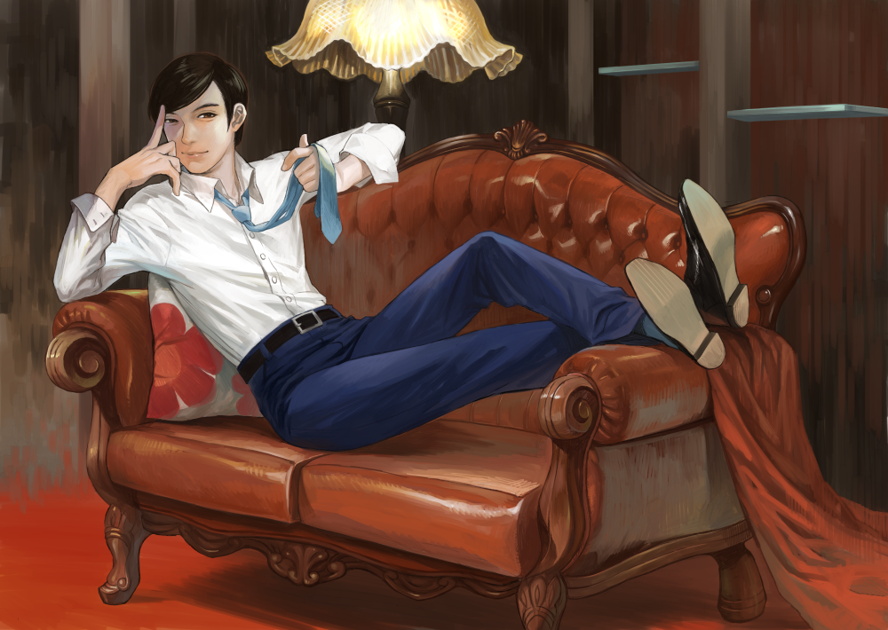 1boy, arm_support, asami_you, black_hair, brown_eyes, brown_upholstery, couch, crossed_legs, dress_shirt, full_body, hand_on_own_face, holding_tie, interior, komikado_kensuke, lamp, legal_high, loose_necktie, lying, male_focus, necktie, on_back, pants, pillow, realistic, shirt, shirt_tucked_in, shoes, sleeves_rolled_up, smile, socks, solo, swept_bangs, tufted_upholstery