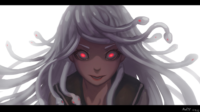 1girl, female_focus, glowing, glowing_eyes, god_nadeko, letterboxed, madyy, monogatari_(series)