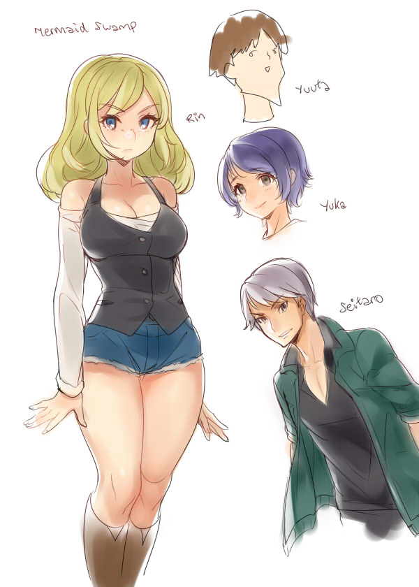 2boys, 2girls, bare_shoulders, blonde_hair, blue_eyes, blue_hair, boots, breasts, brown_hair, character_name, cleavage, copyright_name, cutoffs, denim, denim_shorts, detached_sleeves, english_text, freckles, grey_eyes, jacket, kikuchi_yuka, knee_boots, large_breasts, long_hair, mermaid_swamp, multiple_boys, multiple_girls, naso4, ningyo_numa, short_hair, short_shorts, shorts, silver_hair, smile, standing, takahashi_yuuta, text_focus, wakasugi_seitaro, yamazaki_rin