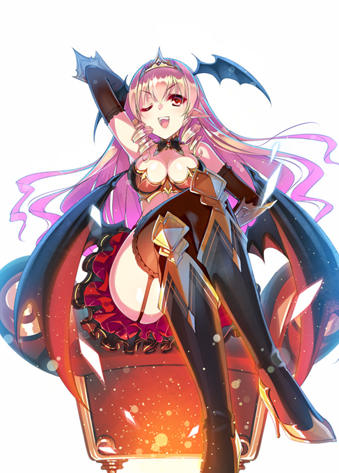 >;d, 1girl, ;d, bat_wings, boots, breasts, cleavage, crossed_legs