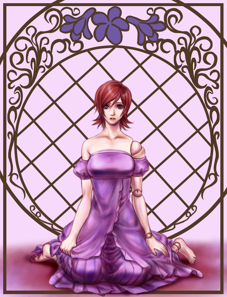 1girl, doll_joints, dress, fate/zero, fate_(series), female_focus, joints, kotobuki_jun, marionette, puppet, red_hair, short_hair, sola-ui_nuada-re_sophia-ri, solo