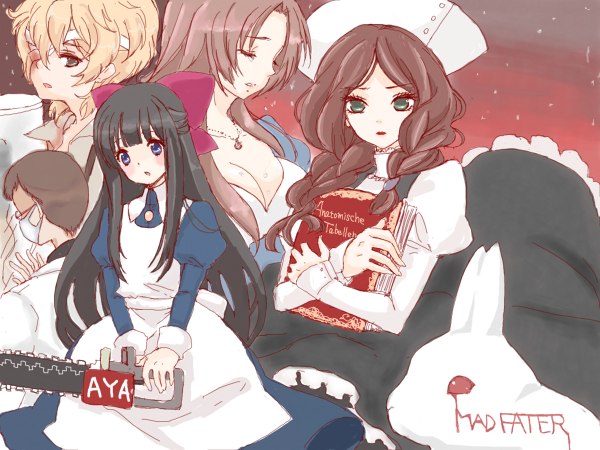 2boys, 3girls, ai-mu, alfred_drevis, aya_drevis, bandages, black_hair, blonde_hair