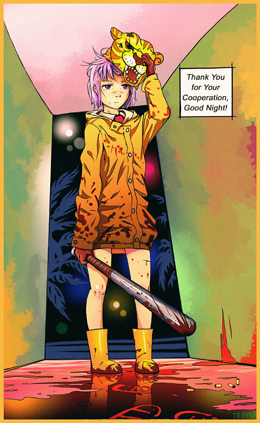 1girl, baseball_bat, blood, boots, coat, english_text, female_focus, hotline_miami