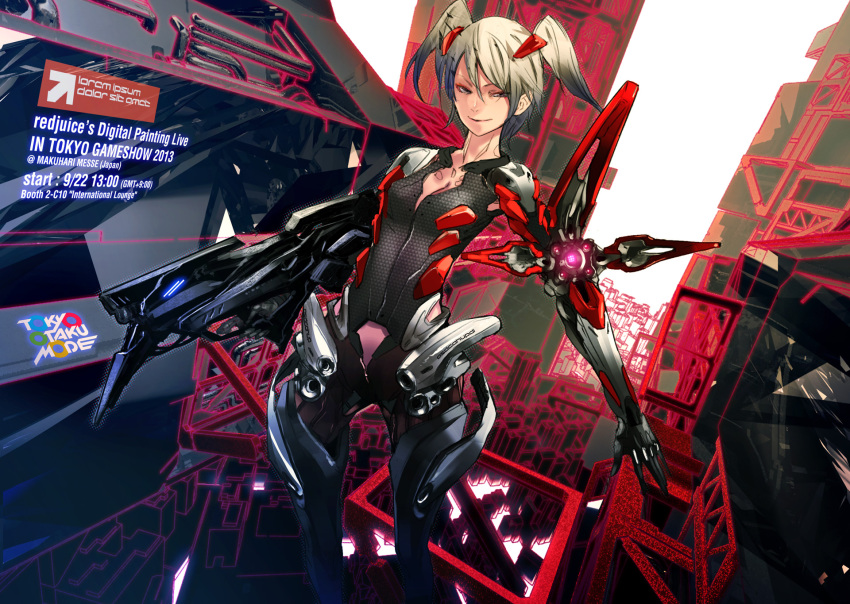 1girl, bodysuit, breasts, city, cleavage, female_focus, grey_hair, highres, md5_mismatch, mecha, medium_breasts, original, redjuice, resolution_mismatch, robot, smile, solo, source_smaller, tokyo_otaku_mode, twintails