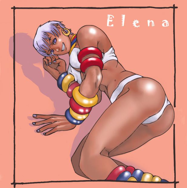 1girl, adog, anklet, armlet, ass, bikini, blue_eyes, bracelet, breasts, capcom, character_name, dark-skinned_female, dark_skin, earrings, elena_(street_fighter), female_focus, grin, hoop_earrings, jewelry, lots_of_jewelry, lying, nail_polish, navel, neck_ring, on_side, short_hair, smile, solo, street_fighter, street_fighter_iii_(series), swimsuit, white_bikini, white_hair