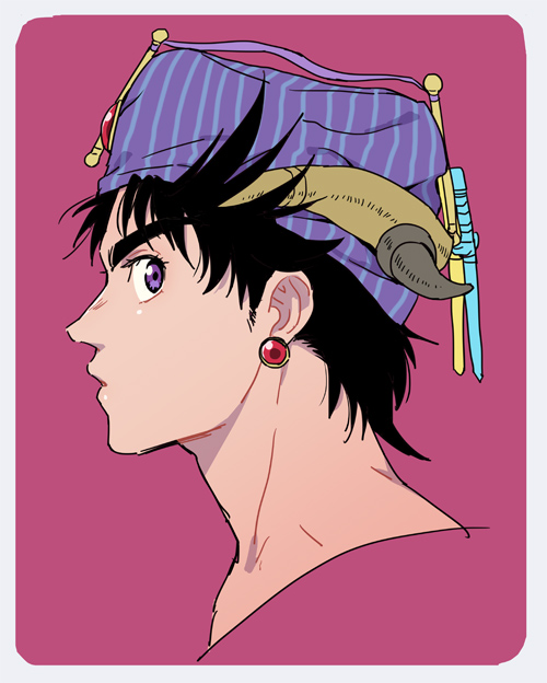 black_hair, earrings, ei_(k_m_d_r), fabulous, hat, horns, jewelry, jojo_no_kimyou_na_bouken, joseph_joestar, joseph_joestar_(young), male_focus, purple_eyes, solo