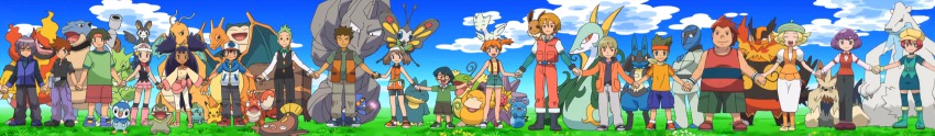 6+boys, 6+girls, ash_ketchum, axew, bianca_(pokemon), blastoise, blue_sky, brock_(pokemon)