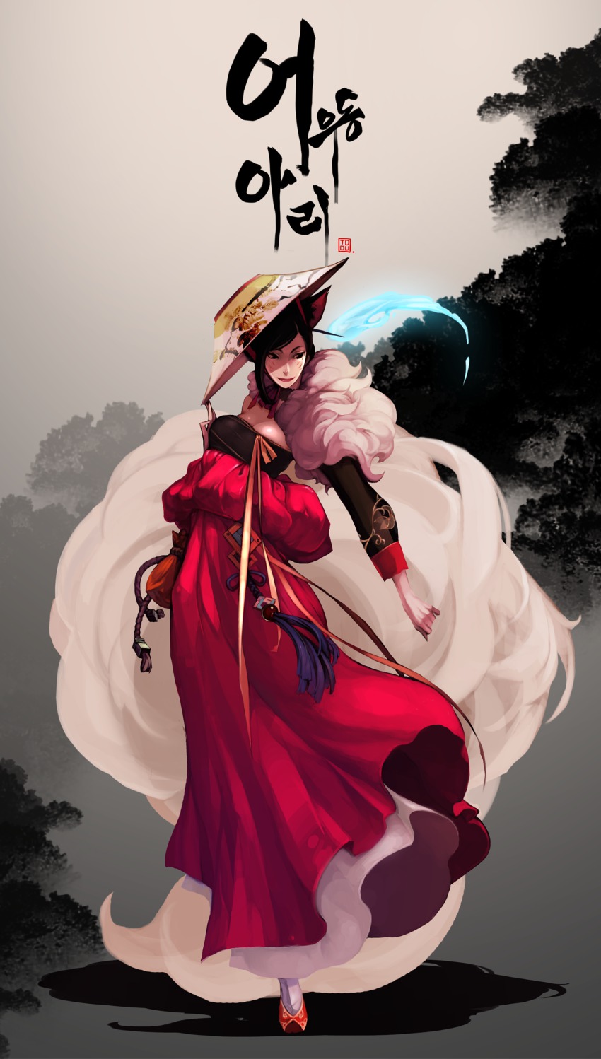 1girl, absurdres, ahri_(league_of_legends), animal_ears, artist_name, black_hair, duto, facial_mark, female_focus, fox_ears, fox_tail, full_body, fur_trim, hat, highres, hitodama, korean_clothes, korean_text, league_of_legends, looking_away, mole, multiple_tails, outdoors, ribbon, shadow, shoes, solo, standing, tail, traditional_clothes, traditional_clothing, whisker_markings
