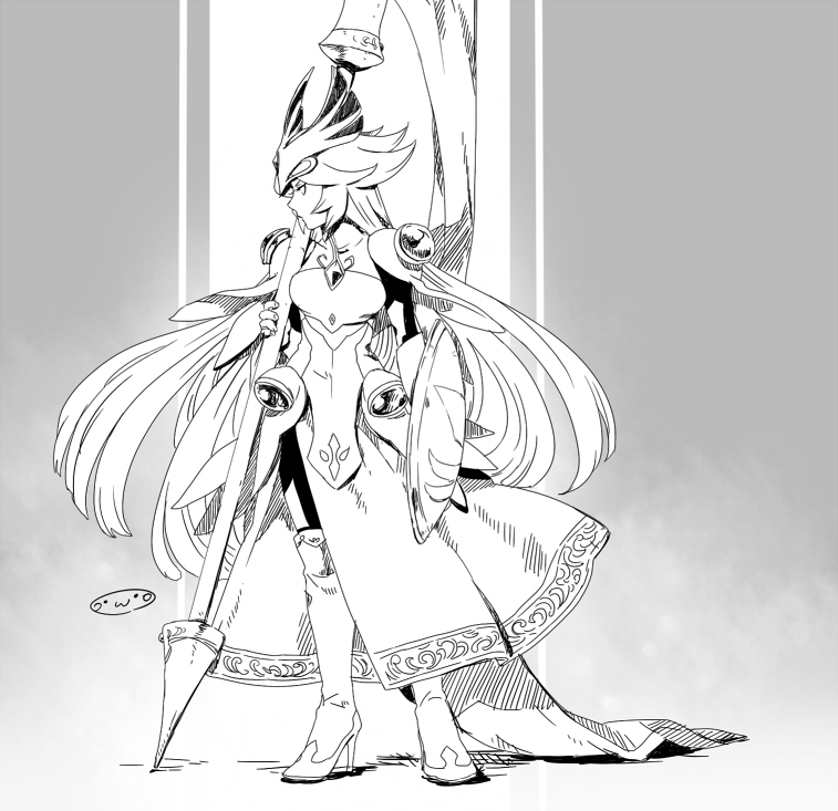 1girl, bad_id, bad_pixiv_id, boots, female_focus, full_body, greyscale, high_heels, inazuma_eleven_(series), inazuma_eleven_go, inazuma_eleven_go_chrono_stone, keshin_(inazuma_eleven), lance, long_hair, mizuhara_aki, monochrome, polearm, senkishi_brunnhilde, shield, solo, standing, very_long_hair, weapon