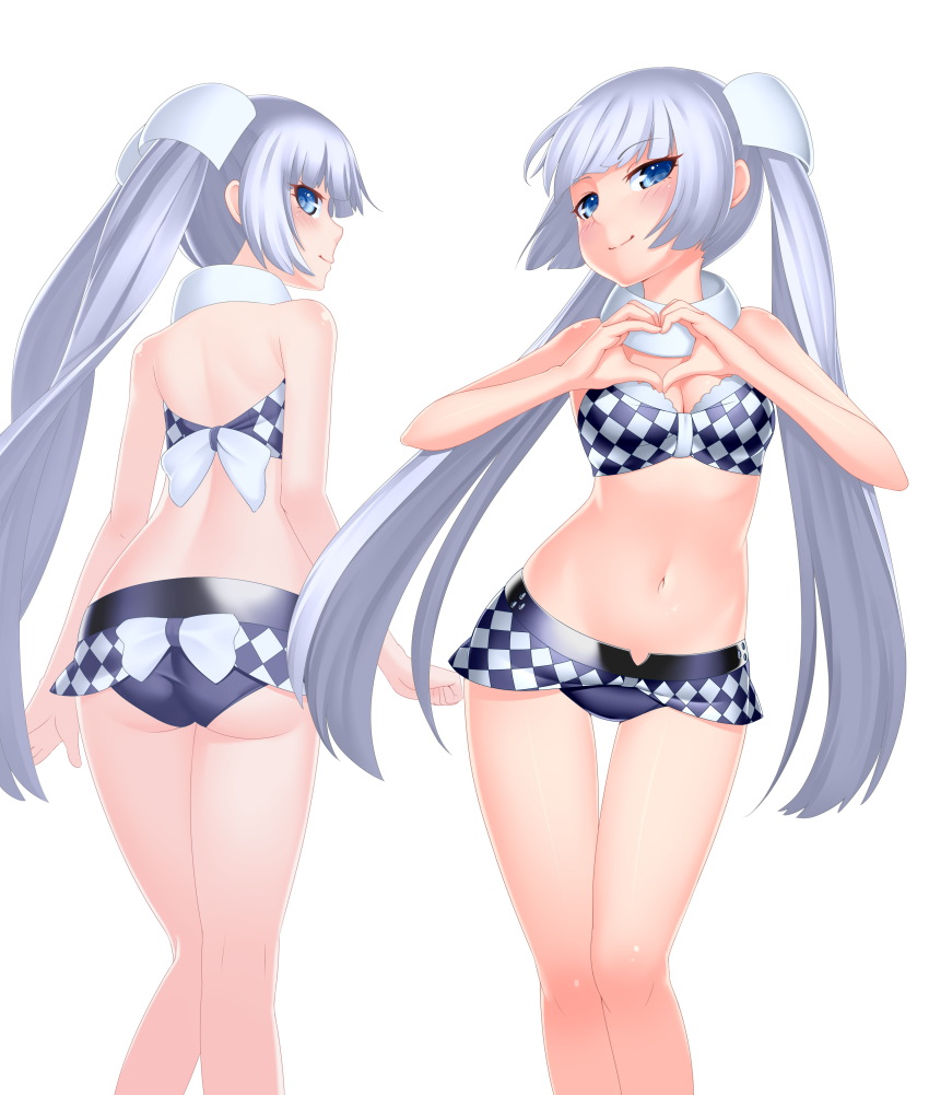 10s, 1girl, absurdres, alternate_costume, ass, bikini, bikini_skirt, blue_eyes, breasts, checkered_bikini, checkered_clothes, checkered_skirt, cleavage, female_focus, heart, heart_hands, highres, liden_films, long_hair, lucknight, miss_monochrome, miss_monochrome_(character), navel, silver_hair, simple_background, skirt, smile, solo, swimsuit, thigh_gap, twintails, very_long_hair