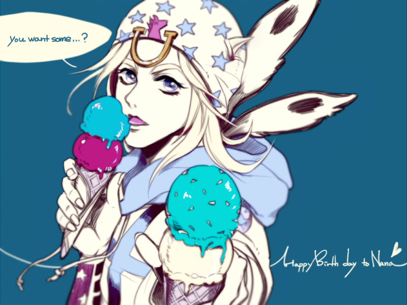 1boy, deyamiro, english_text, feathers, food, hat, hood, hoodie