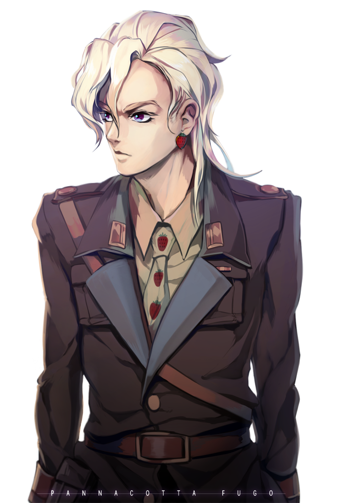 1boy, deyamiro, earrings, jewelry, jojo_no_kimyou_na_bouken, male_focus, military, military_uniform, necktie, pannacotta_fugo, purple_eyes, solo, white_hair