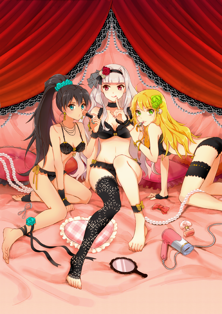 3girls, akihiro, anklet, aqua_nails, ass, bad_id, bad_pixiv_id, barefoot, black_hair, blonde_hair, blue_eyes, bra, breasts, cleavage, earrings, feet, ganaha_hibiki, green_eyes, grey_hair, hair_ornament, hairband, hoshii_miki, idolmaster, idolmaster_(classic), jewelry, lingerie, lipstick, long_hair, looking_at_viewer, makeup, multiple_girls, nail_polish, panties, ponytail, purple_eyes, ribbon, shijou_takane, smile, toeless_legwear, toes, underwear, underwear_only