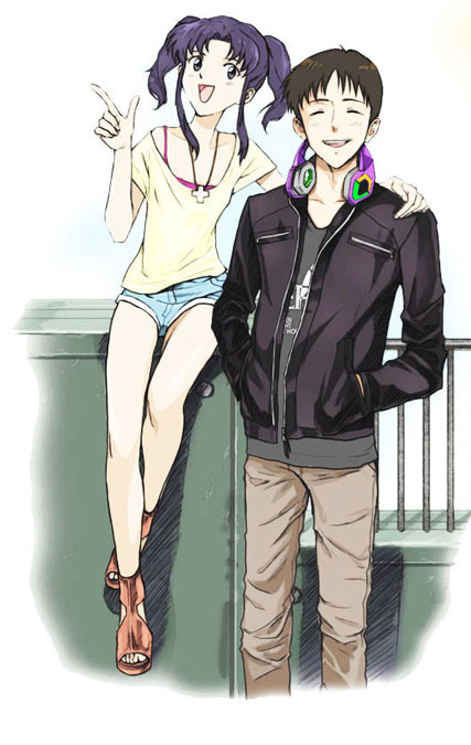 1boy, 1girl, age_reverse, age_switch, aged_down, aged_up, ebba, hands_in_pockets, headphones, ikari_shinji, jacket, jewelry, katsuragi_misato, necklace, neon_genesis_evangelion, role_reversal, shorts