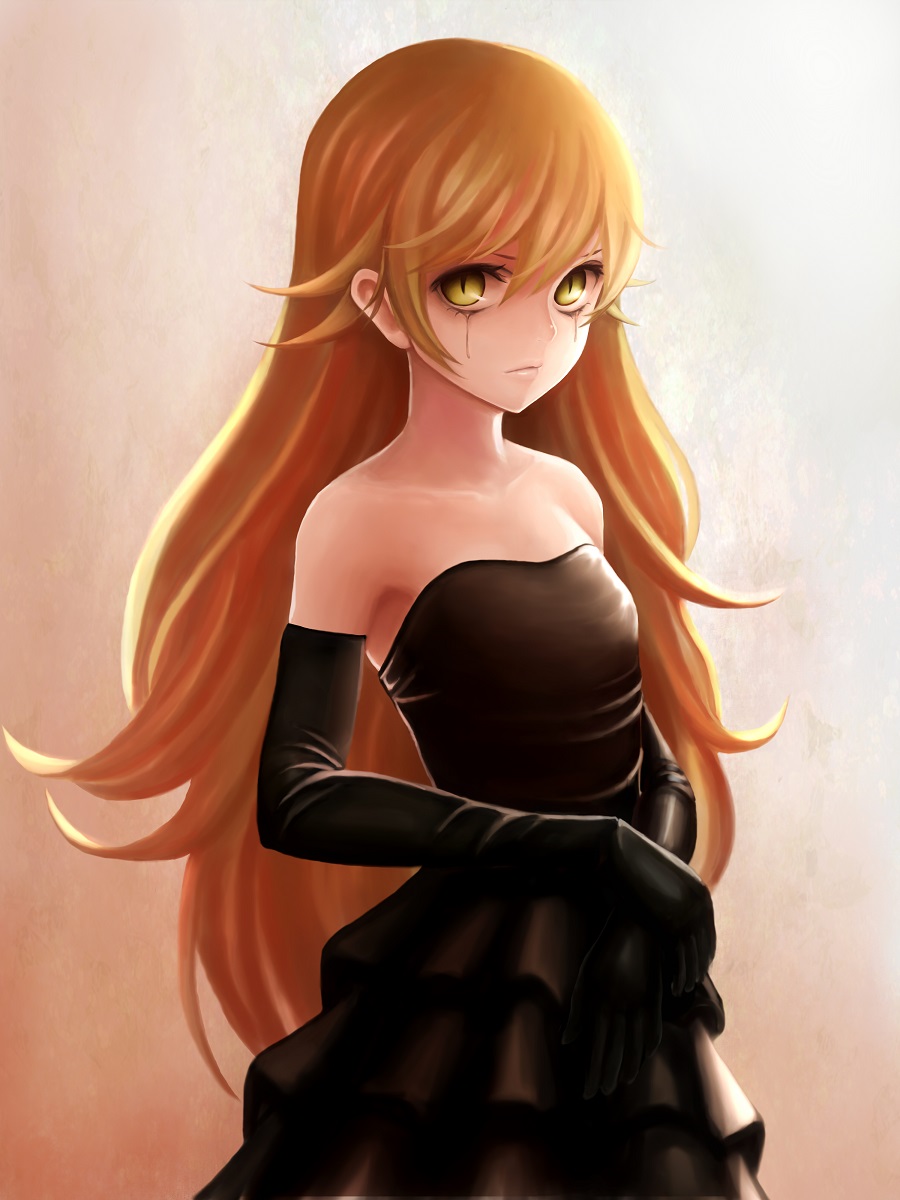 1girl, bakemonogatari, bare_shoulders, black_dress, blonde_hair, colored_sclera, crying, dress, elbow_gloves, female_focus, gloves, gown, highres, long_hair, looking_at_viewer, monogatari_(series), norixio, oshino_shinobu, slit_pupils, solo, strapless, strapless_dress, tears, very_long_hair, yellow_eyes, yellow_sclera